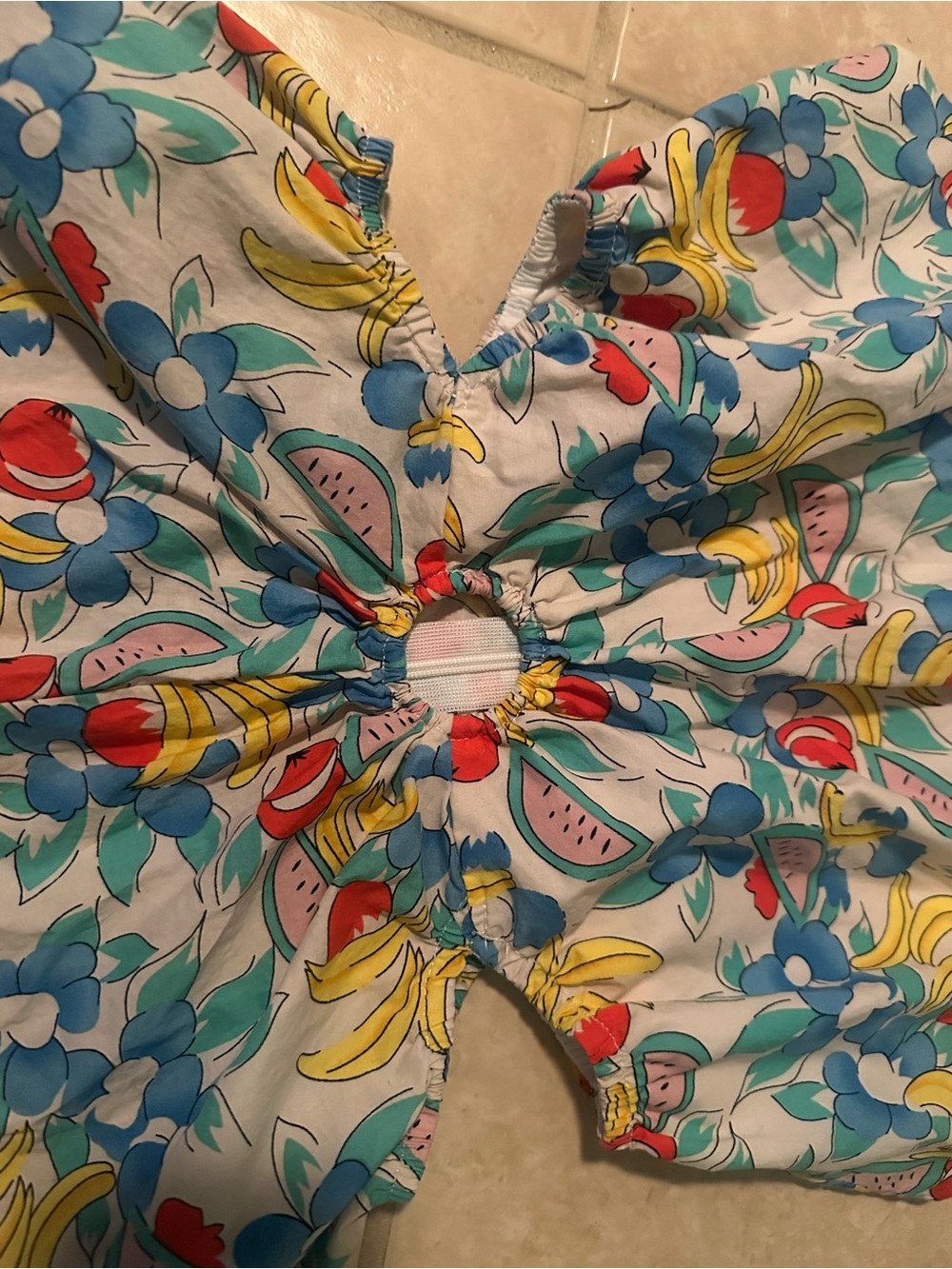 Women’s White Floral & Fruit Cutout Romper - Blue/Yellow/Red Small - Picture 3 of 6